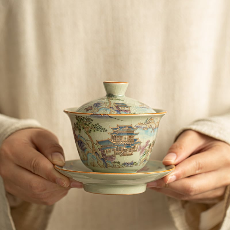 Set gaiwan din ceramică Ru kiln cu motiv peisaj, ceainică și cești, ceașă gazdă, glazură craquelată cu detalii aurii, set cadou Gongfu ceai