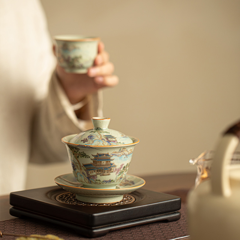 Set gaiwan din ceramică Ru kiln cu motiv peisaj, ceainică și cești, ceașă gazdă, glazură craquelată cu detalii aurii, set cadou Gongfu ceai