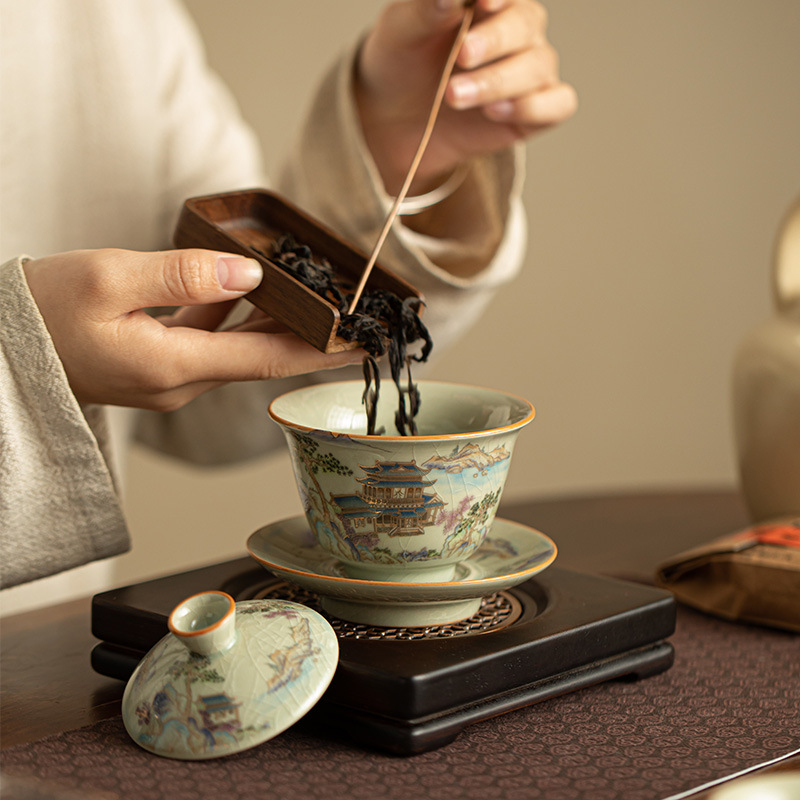 Set gaiwan din ceramică Ru kiln cu motiv peisaj, ceainică și cești, ceașă gazdă, glazură craquelată cu detalii aurii, set cadou Gongfu ceai