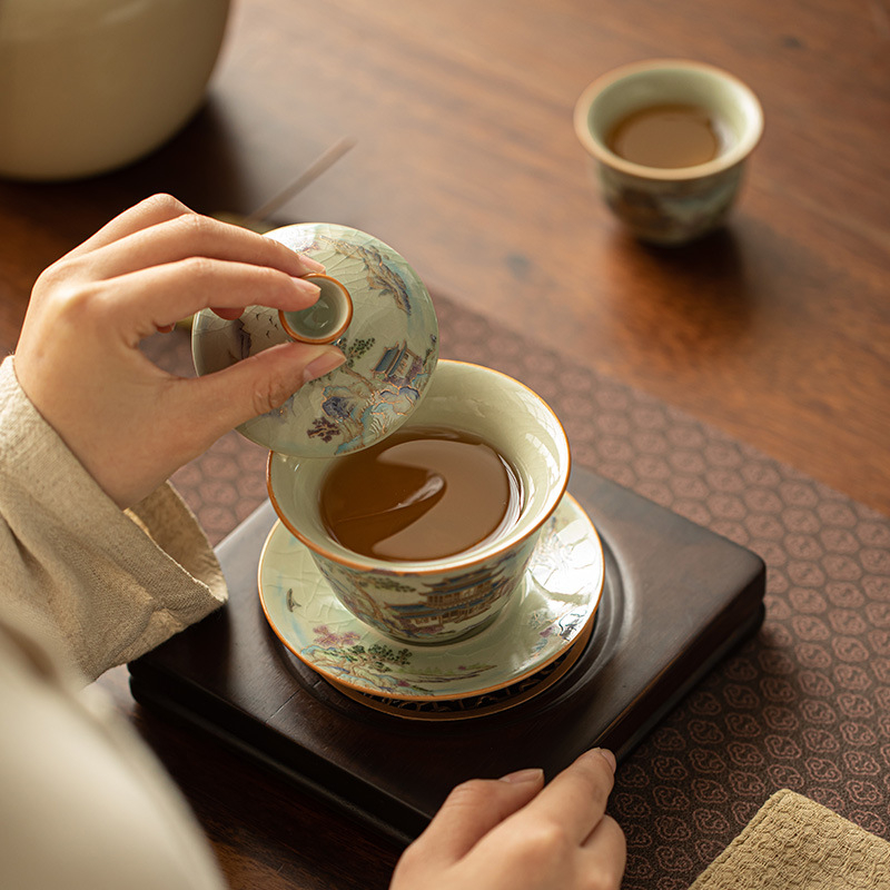Set gaiwan din ceramică Ru kiln cu motiv peisaj, ceainică și cești, ceașă gazdă, glazură craquelată cu detalii aurii, set cadou Gongfu ceai