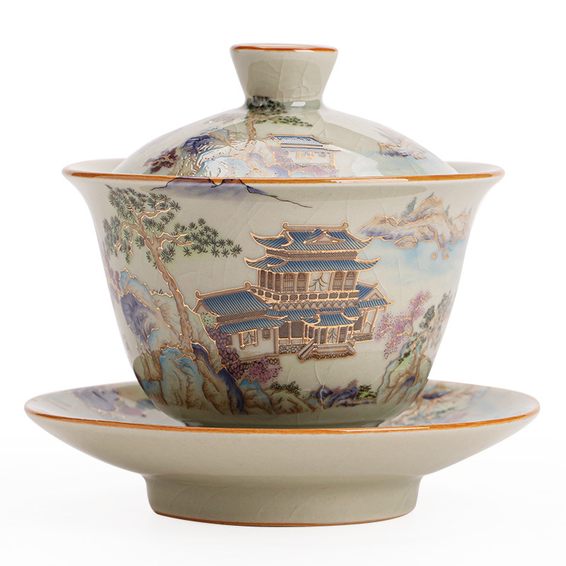 Set gaiwan din ceramică Ru kiln cu motiv peisaj, ceainică și cești, ceașă gazdă, glazură craquelată cu detalii aurii, set cadou Gongfu ceai