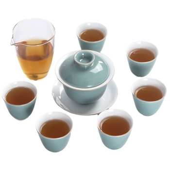 Set de ceai din porțelan alb glazurat cu gaiwan, cești ceramice pentru șase persoane, cadou pentru birou și casă