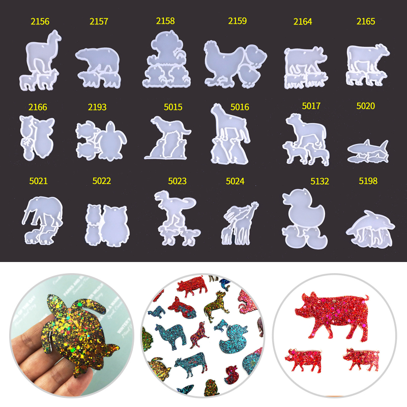 Formă din silicon pentru rășină – Familie de animale pentru breloci DIY: rață, dinozaur și țestoasă