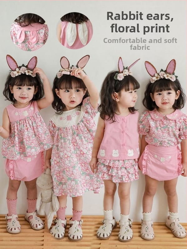 Set de vară pentru fete: roz, cu iepuraș floral — cămașă, vestă, fustă și pantaloni scurți, rochie pentru copii