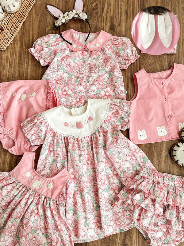Set de vară pentru fete: roz, cu iepuraș floral — cămașă, vestă, fustă și pantaloni scurți, rochie pentru copii