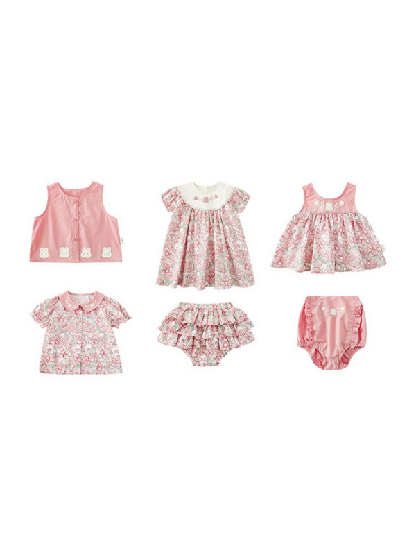 Set de vară pentru fete: roz, cu iepuraș floral — cămașă, vestă, fustă și pantaloni scurți, rochie pentru copii
