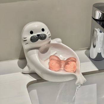 Suport ceramic pentru săpun în formă de focă, cu drenaj, pentru baie