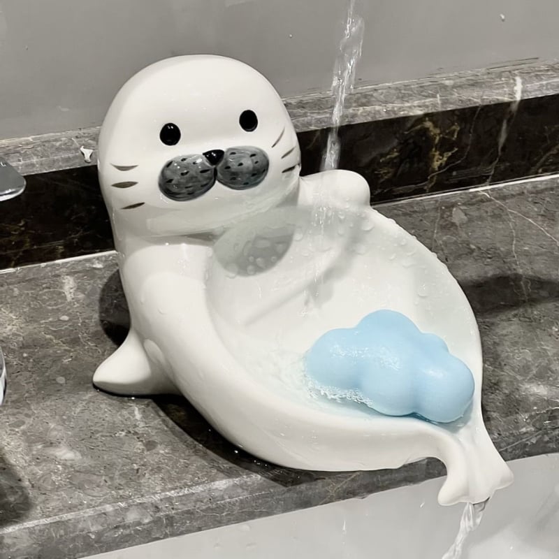 Suport ceramic pentru săpun în formă de focă, cu drenaj, pentru baie