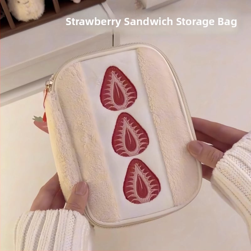 Geantă de depozitare din pluș Strawberry Sandwich, gentuță cosmetică și de igienă, cu capacitate mare, formă cub, pentru fete