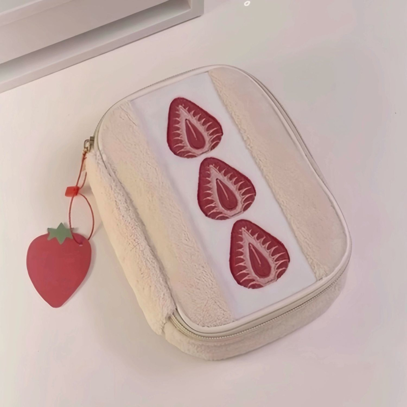 Geantă de depozitare din pluș Strawberry Sandwich, gentuță cosmetică și de igienă, cu capacitate mare, formă cub, pentru fete