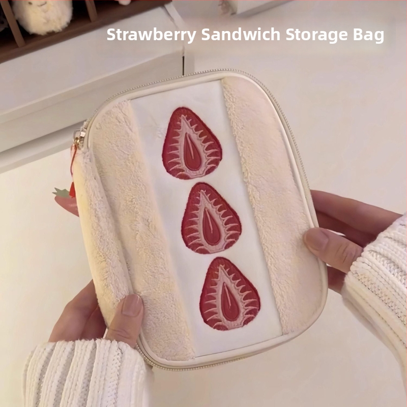 Geantă de depozitare din pluș Strawberry Sandwich, gentuță cosmetică și de igienă, cu capacitate mare, formă cub, pentru fete
