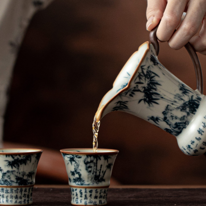Ceașcă Gongdao Ruyao Ding Fengbo — ceramică în stil Song, set de servire a ceaiului cu divizor de ceai și tavă de servire