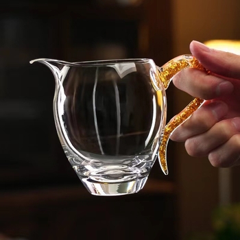 Set Kung Fu Tea: cană de distribuție a ceaiului din cristal transparent, sticlă rezistentă la căldură, finisaj placat cu aur, tavă de ceai premium cu separator de ceai