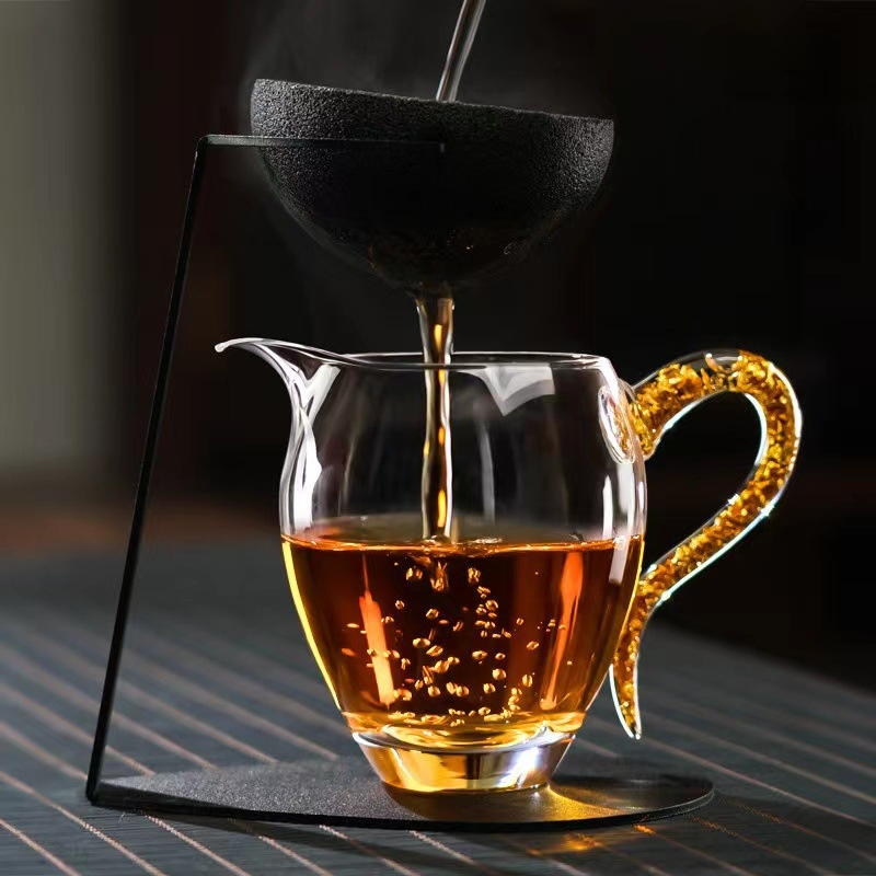 Set Kung Fu Tea: cană de distribuție a ceaiului din cristal transparent, sticlă rezistentă la căldură, finisaj placat cu aur, tavă de ceai premium cu separator de ceai