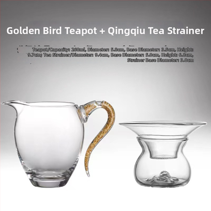 Set Kung Fu Tea: cană de distribuție a ceaiului din cristal transparent, sticlă rezistentă la căldură, finisaj placat cu aur, tavă de ceai premium cu separator de ceai