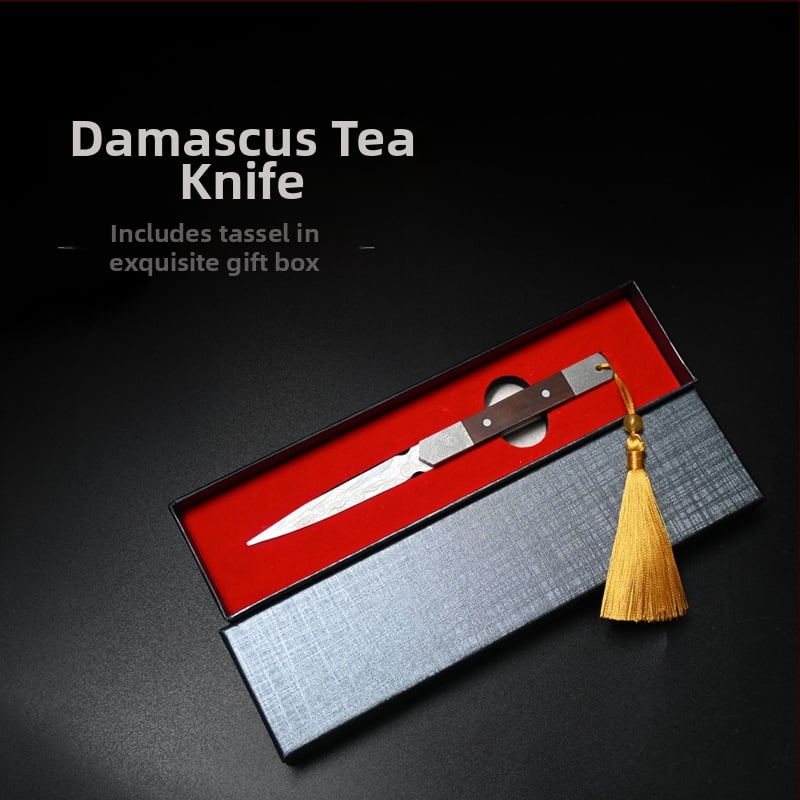 Set de cuțit și ac pentru ceai, mâner din lemn de abanos și oțel damas, cuțit Pu'er pentru ceai, accesorii de ceai, cutie cadou de lux.