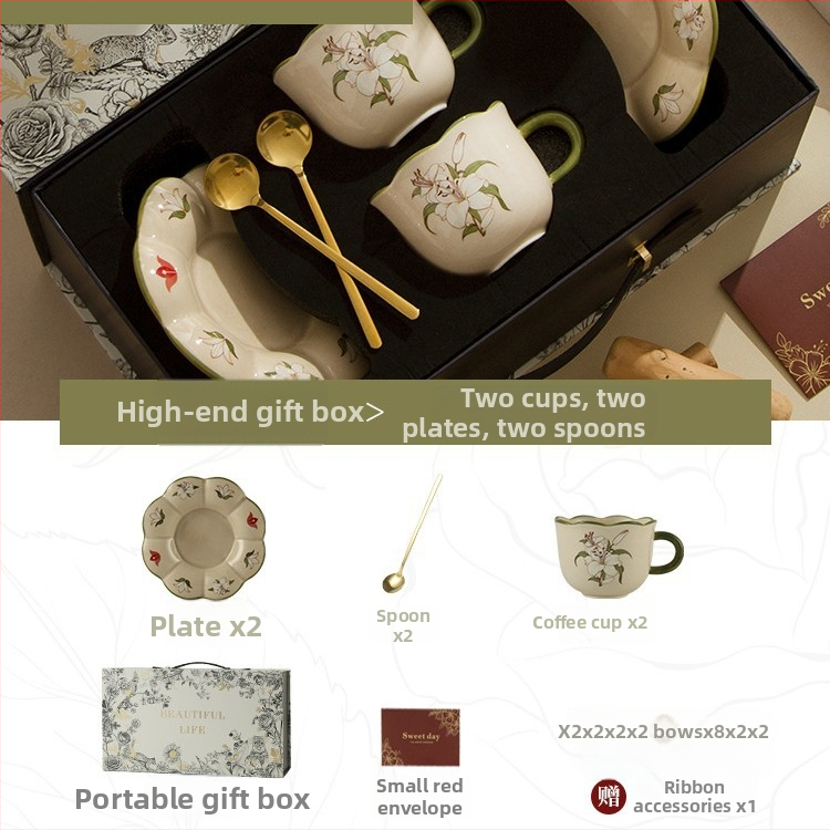 Pastorális stílusú kávéscsésze és alátét, liliom mintával, kerámia, prémium minőség, elegáns ajándékdobozt.