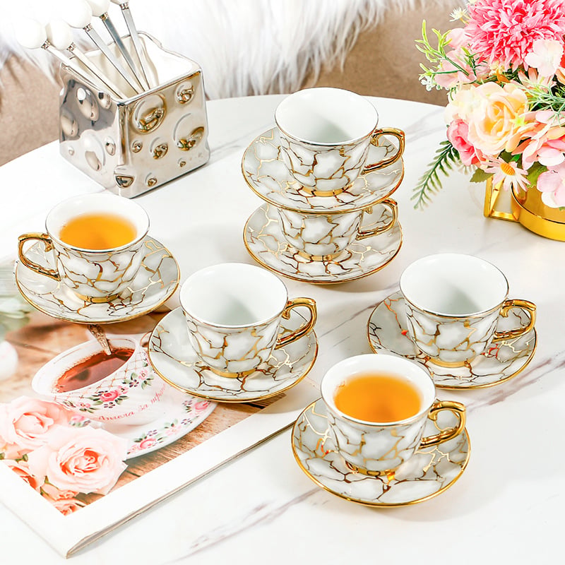 Set cești de cafea și farfurioare cu margine aurie, ceramică premium, stil american modern