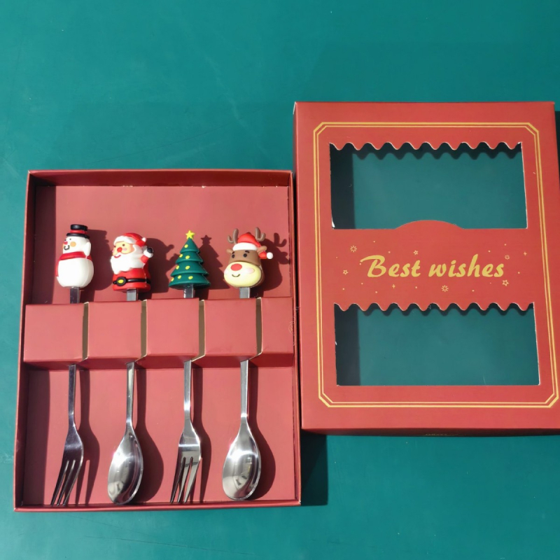 Set de linguri și furculițe de Crăciun cu figuri drăguțe de desene animate, lingură de cafea, lingură pentru prăjituri, lingură de desert, furculiță pentru fructe
