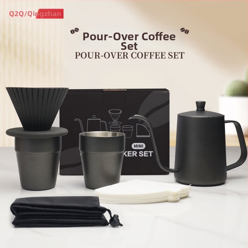 Set portabil pour-over cafea în cutie cadou: oală de cafea, filtru de cafea și un set cu două cești și farfurioare