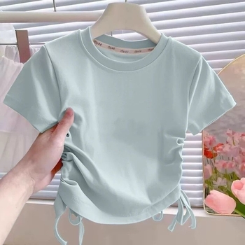Tricou pentru copii, mâneci scurte, din bumbac, pentru fete, vară, talie cu șnur, tricou de bază versatil (bumbac 40s, versiune uni)