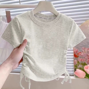 Tricou pentru copii, mâneci scurte, din bumbac, pentru fete, vară, talie cu șnur, tricou de bază versatil (bumbac 40s, versiune uni)