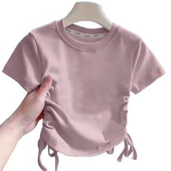 Tricou pentru copii, mâneci scurte, din bumbac, pentru fete, vară, talie cu șnur, tricou de bază versatil (bumbac 40s, versiune uni)