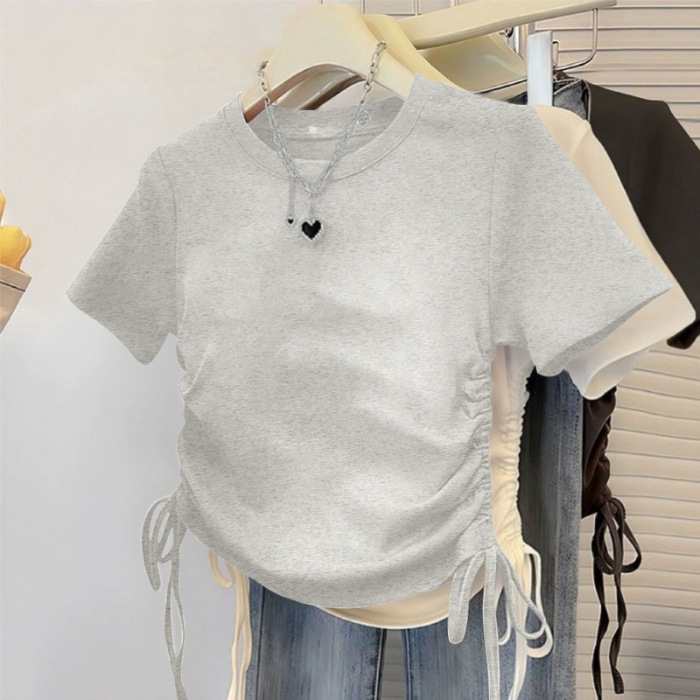 Tricou pentru copii, mâneci scurte, din bumbac, pentru fete, vară, talie cu șnur, tricou de bază versatil (bumbac 40s, versiune uni)