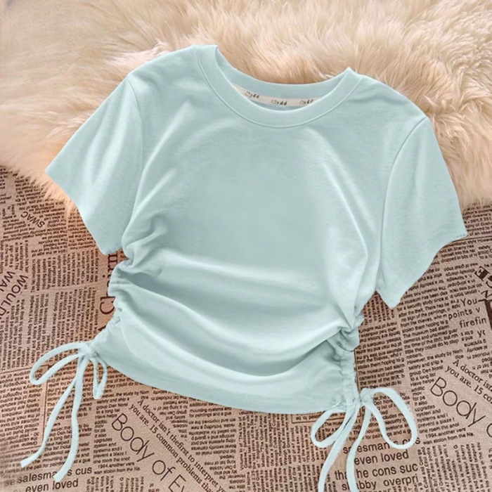 Tricou pentru copii, mâneci scurte, din bumbac, pentru fete, vară, talie cu șnur, tricou de bază versatil (bumbac 40s, versiune uni)