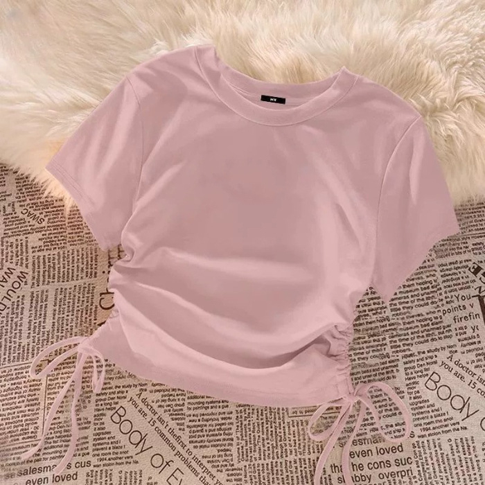Tricou pentru copii, mâneci scurte, din bumbac, pentru fete, vară, talie cu șnur, tricou de bază versatil (bumbac 40s, versiune uni)
