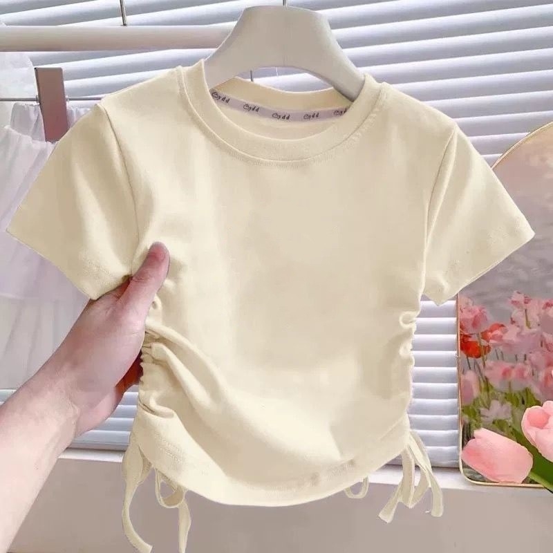 Tricou pentru copii, mâneci scurte, din bumbac, pentru fete, vară, talie cu șnur, tricou de bază versatil (bumbac 40s, versiune uni)