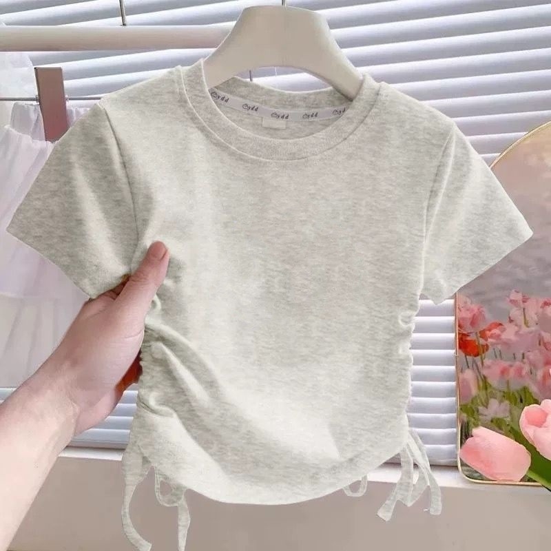 Tricou pentru copii, mâneci scurte, din bumbac, pentru fete, vară, talie cu șnur, tricou de bază versatil (bumbac 40s, versiune uni)