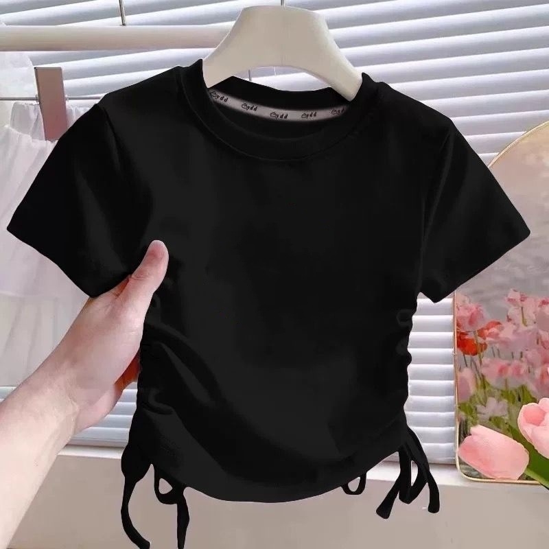 Tricou pentru copii, mâneci scurte, din bumbac, pentru fete, vară, talie cu șnur, tricou de bază versatil (bumbac 40s, versiune uni)