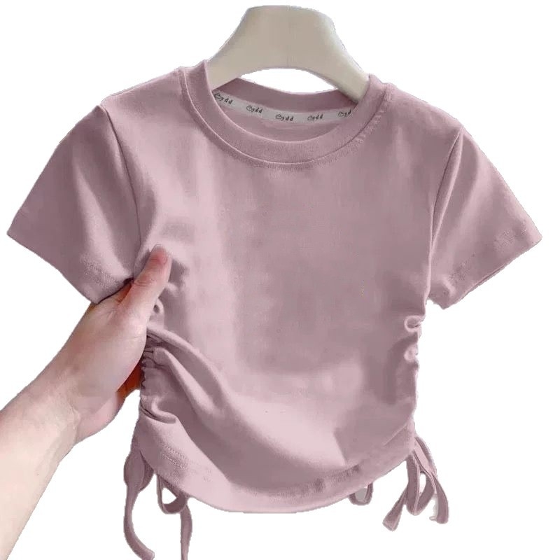 Tricou pentru copii, mâneci scurte, din bumbac, pentru fete, vară, talie cu șnur, tricou de bază versatil (bumbac 40s, versiune uni)