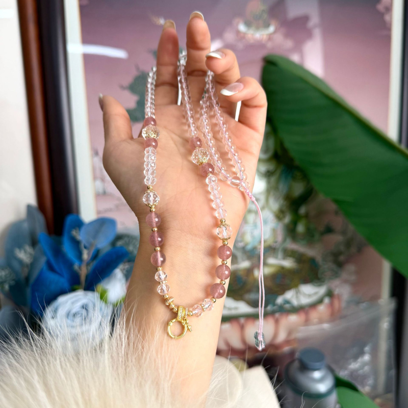Colier cu cuarț căpșună și închidere universală, design versatil cu pandant Thangka cu vulpe cu nouă cozi și amulet budist thailandez, lanț cu mărgele de 6 mm