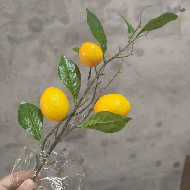 Fructe artificiale de lămâie și rod cu ramuri pentru aranjamente festive de Anul Nou, cu 3 furculițe mici