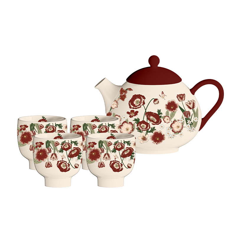 Set ceai porțelan stil chinezesc retro cu flori roșii, ceainic și cești în cutie cadou, pentru casa nouă
