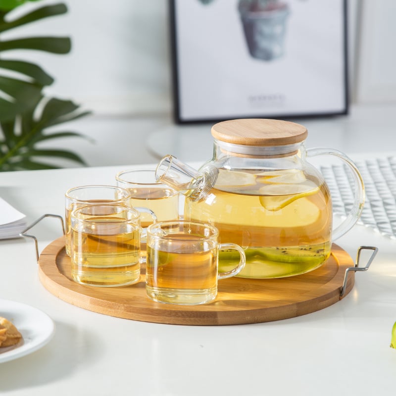 Ceainic de sticlă cu design floral, filtru, borosilicat rezistent la temperaturi înalte, set de ceai modern minimalist pentru casă, cu tavă din bambus, pentru 4 persoane