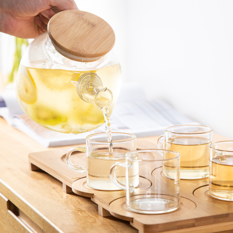 Ceainic de sticlă cu design floral, filtru, borosilicat rezistent la temperaturi înalte, set de ceai modern minimalist pentru casă, cu tavă din bambus, pentru 4 persoane