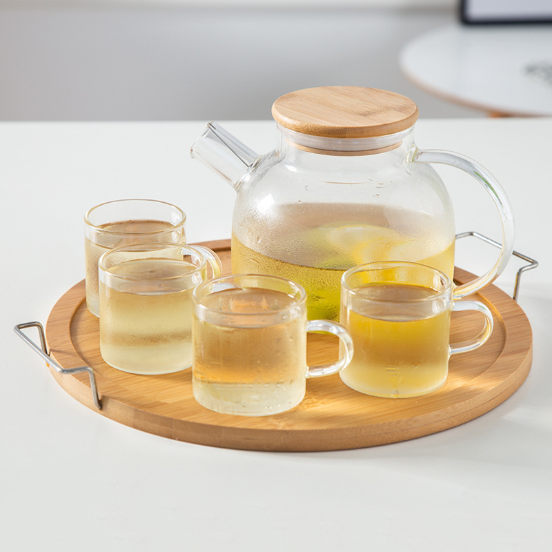 Ceainic de sticlă cu design floral, filtru, borosilicat rezistent la temperaturi înalte, set de ceai modern minimalist pentru casă, cu tavă din bambus, pentru 4 persoane