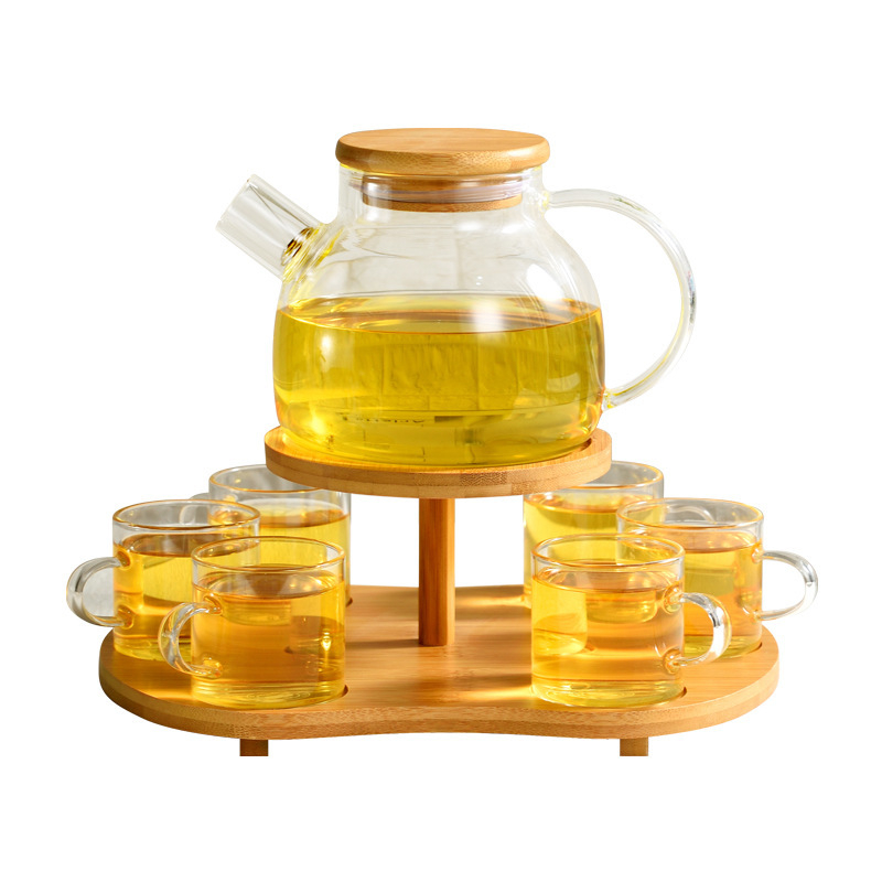 Ceainic de sticlă cu design floral, filtru, borosilicat rezistent la temperaturi înalte, set de ceai modern minimalist pentru casă, cu tavă din bambus, pentru 4 persoane