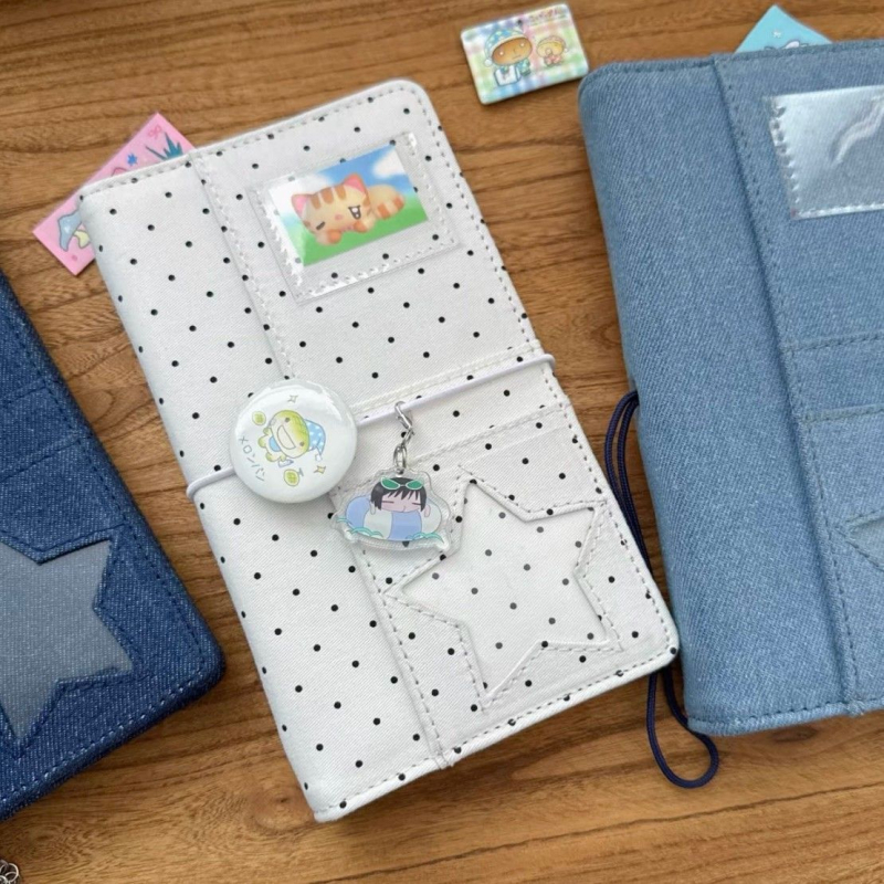 A6 caiet cu foi detașabile, design cu buline în stil coreean, inspirație denim, jurnal portabil în stil japonez-coreean drăguț