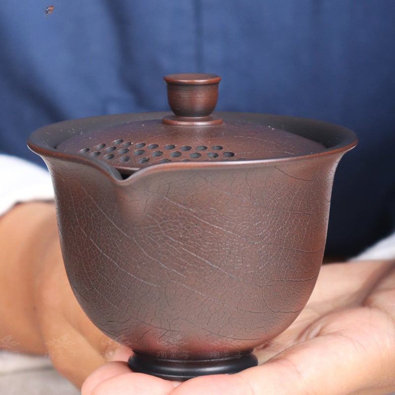 Oală de ceai din lut purpuriu Yunnan Jianshui – lucrată manual, bol cu capac în stil gaiwan și bol sancai, mărime medie