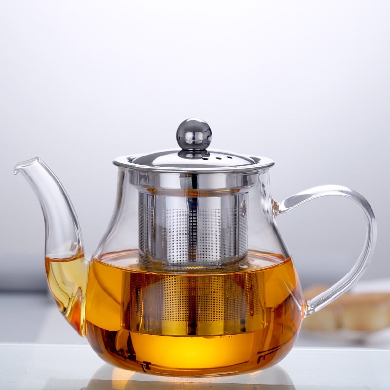 Ceainic din sticlă cu filtru din oțel inoxidabil, mâner lateral transparent, set de ceai pentru uz casnic cu separator de ceai și apă