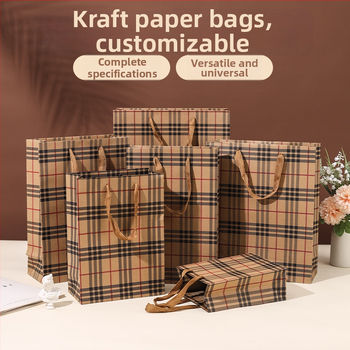 Geantă din hârtie kraft maro cu model în carouri, întărită, pentru ambalarea tutunului și vinului, pungă cadou și de cumpărături pentru magazinul de haine