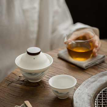 Set de ceai ceramic în stil chinezesc pentru călătorii în aer liber, cu o ceainică și două căni, cutie cadou.