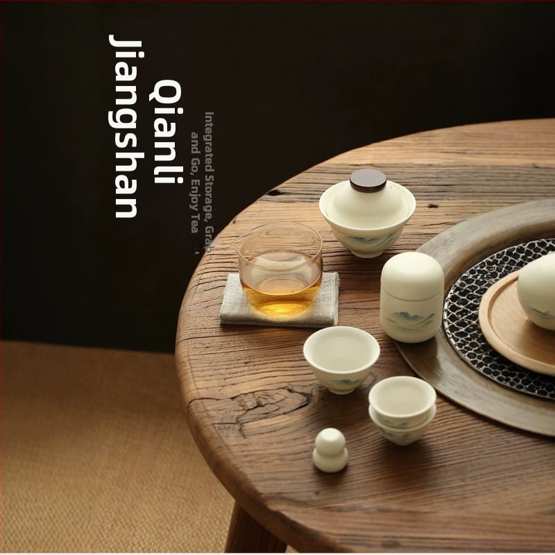 Set de ceai ceramic în stil chinezesc pentru călătorii în aer liber, cu o ceainică și două căni, cutie cadou.
