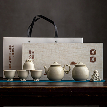 Set de ceai Kung Fu din ceramică bej prăfuit, cu cești, ceainic și borcan pentru ceai, cutie cadou