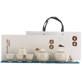 Set de ceai Kung Fu din ceramică bej prăfuit, cu cești, ceainic și borcan pentru ceai, cutie cadou