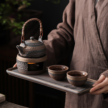 Set de ceai Kung Fu din ceramică brută, ceainic și farfurie de ceai, stil japonez pentru doi